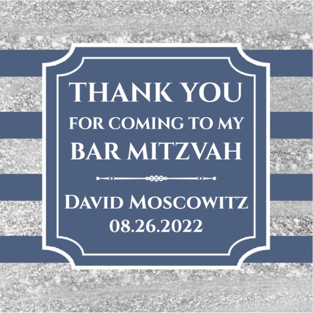 Blue, Grey Striped Bar Mitzvah Thank You Sticker (Front)