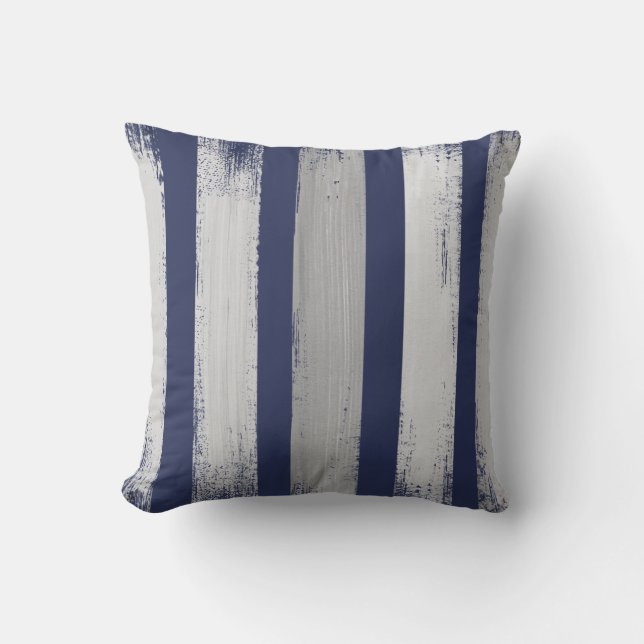 Blue & Grey Striped Brush Strokes Throw Pillow (Front)