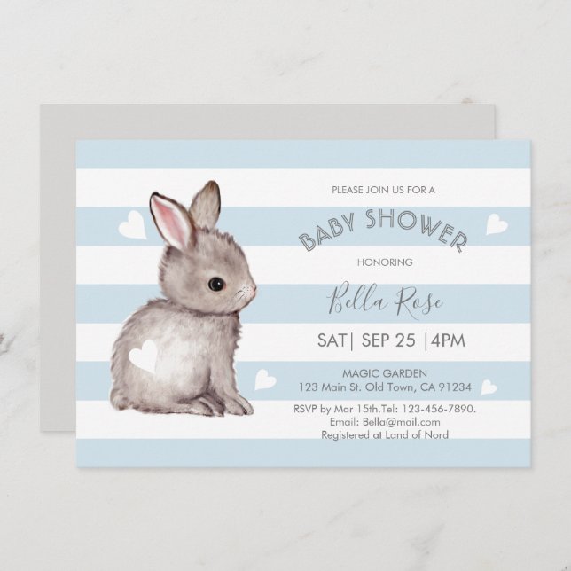 Blue Grey Stripes Bunny Heart Baby Shower Invite (Front/Back)