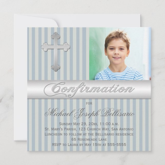 Blue Grey Stripes Confirmation Photo Invitation (Front)