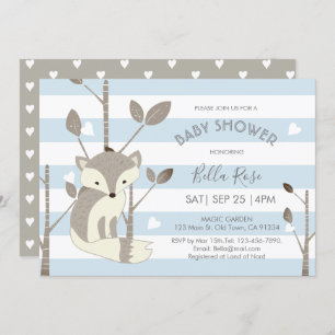 Blue Grey Stripes Fox Heart Baby Shower Invitation