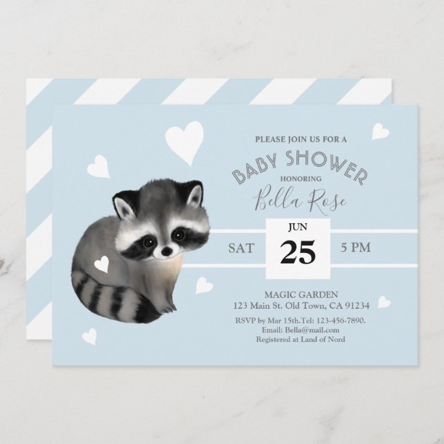 Blue Grey Stripes Raccoon Baby Shower Invitation (Front/Back)
