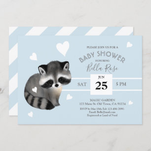 Blue Grey Stripes Raccoon Baby Shower Invitation