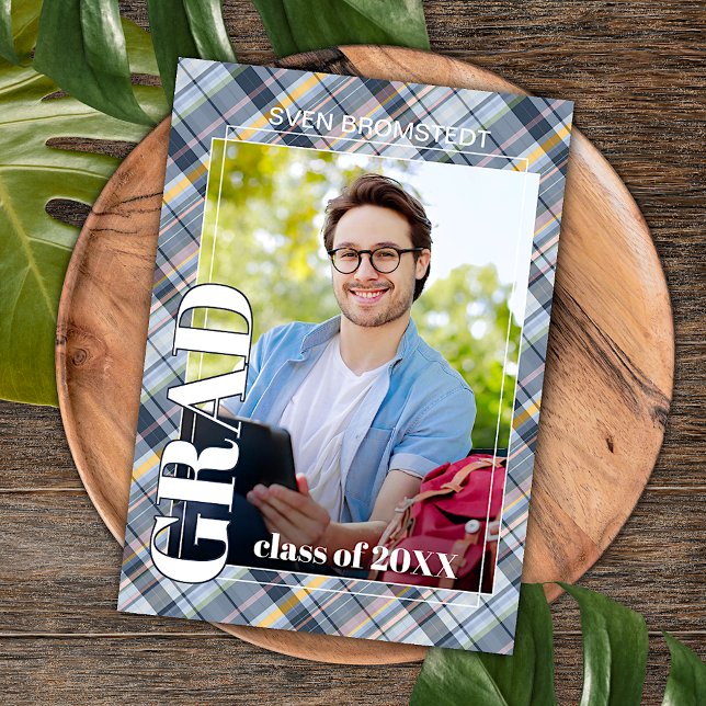 Blue Grey Tartan Plaid Graduation Announcement Postcard (Creator Uploaded)