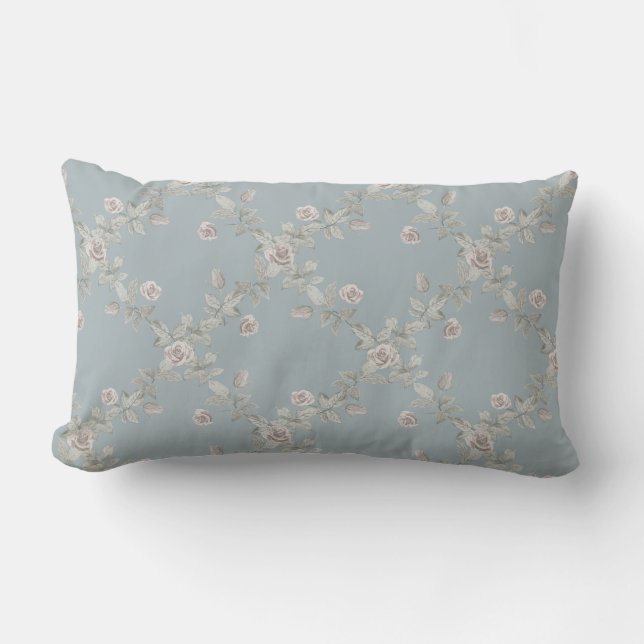 Blue Grey Taupe Rose Sage Trellis Pattern Lumbar Pillow (Front)