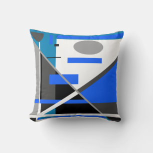 Blue Grey Teal Black White Geometric Abstract Art Throw Pillow