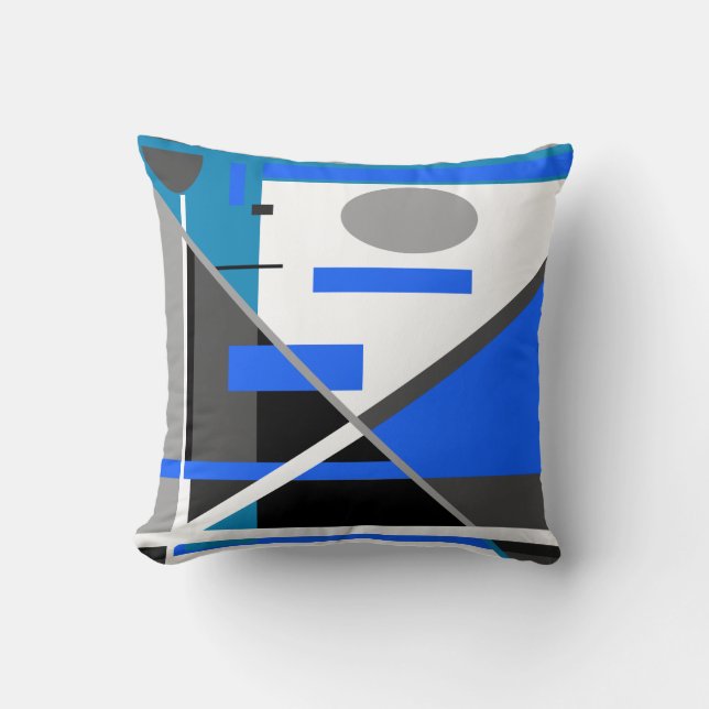 Blue Grey Teal Black White Geometric Abstract Art Throw Pillow (Front)