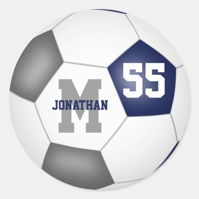 blue grey team colours soccer ball personalized classic round sticker (Front)