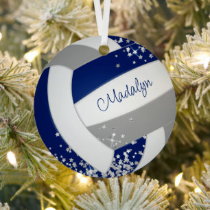 blue grey team colours volleyball w silver stars metal ornament