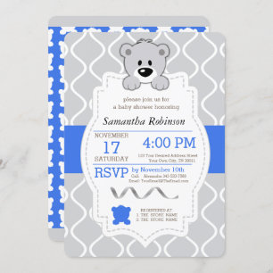 Blue & Grey Teddy Bear Baby Shower Invitation