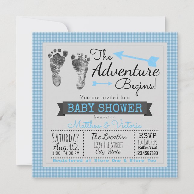 Blue Grey The Adventure Begins Boy Baby Shower Invitation (Front)