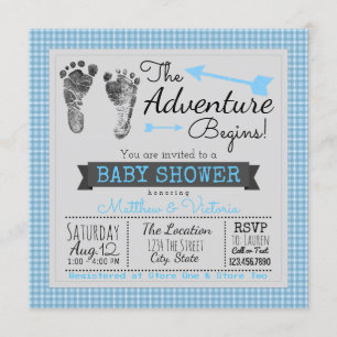 Blue Grey The Adventure Begins Boy Baby Shower Invitation