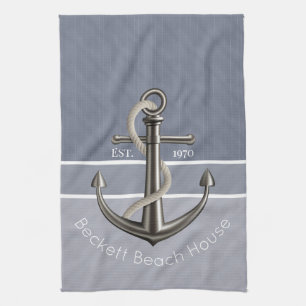 Blue Grey Tri-Toned Pinstriped Anchor Kitchen Towel