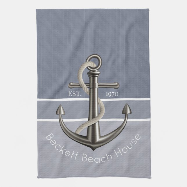 Blue Grey Tri-Toned Pinstriped Anchor Kitchen Towel (Vertical)