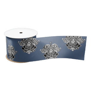 Blue Grey Victorian Ornamental Design  Satin Ribbon
