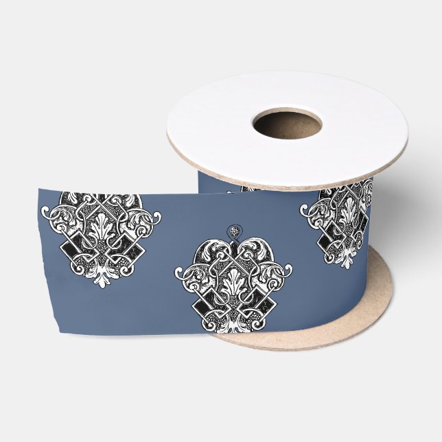 Blue Grey Victorian Ornamental Design  Satin Ribbon (Spool)