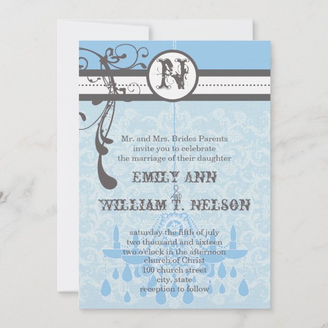 Blue & Grey Vintage Chandelier  Damask Your Photo Invitation (Back)