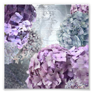 Blue Grey Vintage floral Hydrangea Flower pattern Photo Print