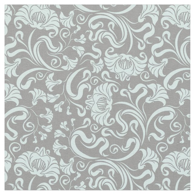 Blue Grey Vintage Floral Pattern Fabric (Close Up)