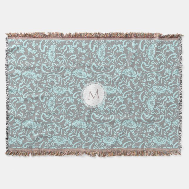 Blue Grey Vintage Floral Pattern Monogram Blanket (Front)