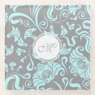 Blue Grey Vintage Floral Pattern Monogram Glass C Coaster
