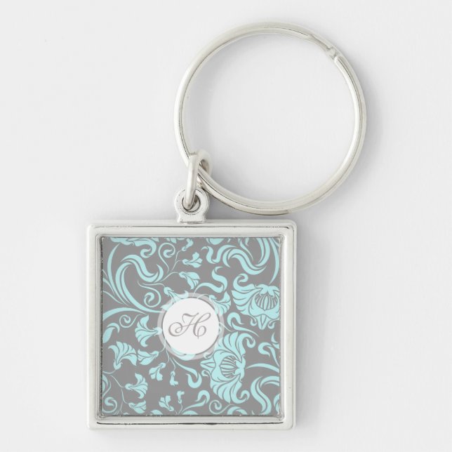 Blue Grey Vintage Floral Pattern Monogram Keychain (Front)