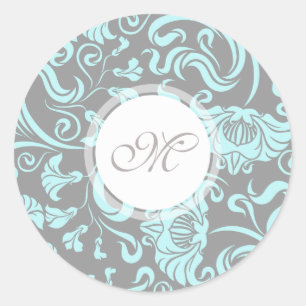 Blue Grey Vintage Floral Pattern Monogram Round S Classic Round Sticker