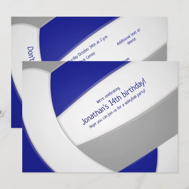 blue grey volleyball boys girls birthday party invitation (Front/Back)