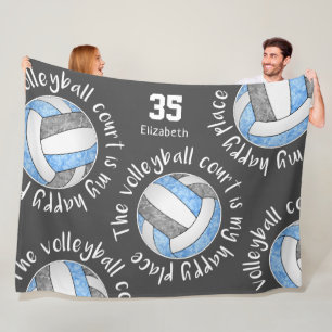 Blue grey volleyball court her happy place fleece blanket