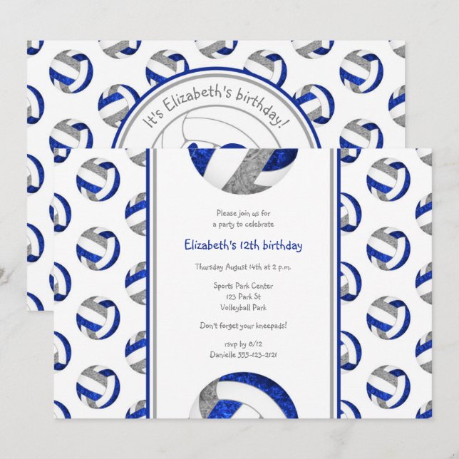 blue grey volleyball team girls' birthday party invitation (Front/Back)