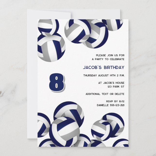 blue grey volleyballs birthday or team party invitation (Front)