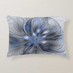 Blue Grey Watercolor Abstract Floral Fractal Art Accent Pillow