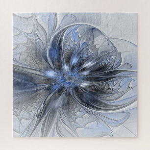Blue Grey Watercolor Abstract Floral Fractal Art Jigsaw Puzzle