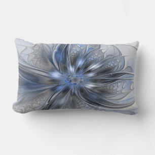 Blue Grey Watercolor Abstract Floral Fractal Art Lumbar Pillow