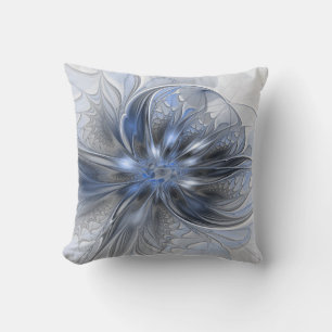 Blue Grey Watercolor Abstract Floral Fractal Art Throw Pillow