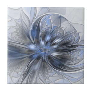 Blue Grey Watercolor Abstract Floral Fractal Art Tile