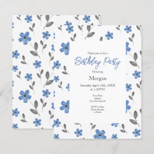 Blue Grey Watercolor Five Petal Flower Pattern Invitation