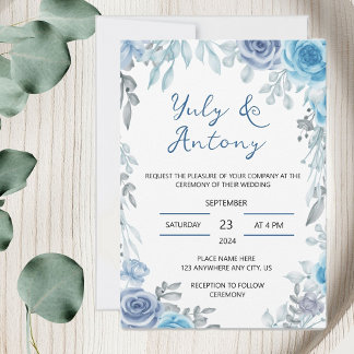 Blue Grey Watercolor Floral Elegant Invitation