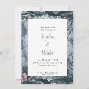 Blue Grey Watercolor Gothic Wedding Invitation