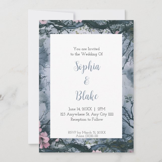 Blue Grey Watercolor Gothic Wedding Invitation (Front)