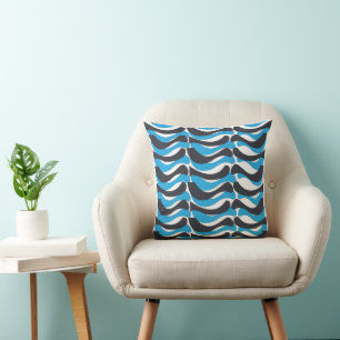 Blue Grey Wavy Stripes Throw Pillow