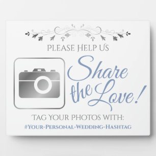 Blue & Grey Wedding Photo Share Hashtag Sign Plaque