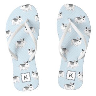 Blue Grey Whimsical Bunnies with Monogram Flip Flops