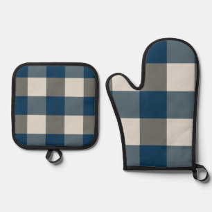 Blue Grey White Buffalo Check  Oven Mitt & Pot Holder Set