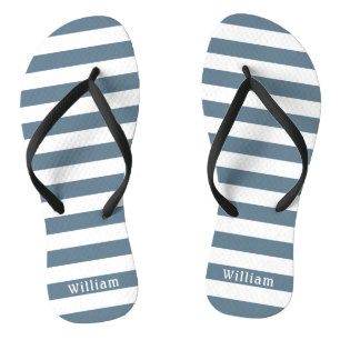 Blue Grey White Cabana Stripes Personalized Beach Flip Flops