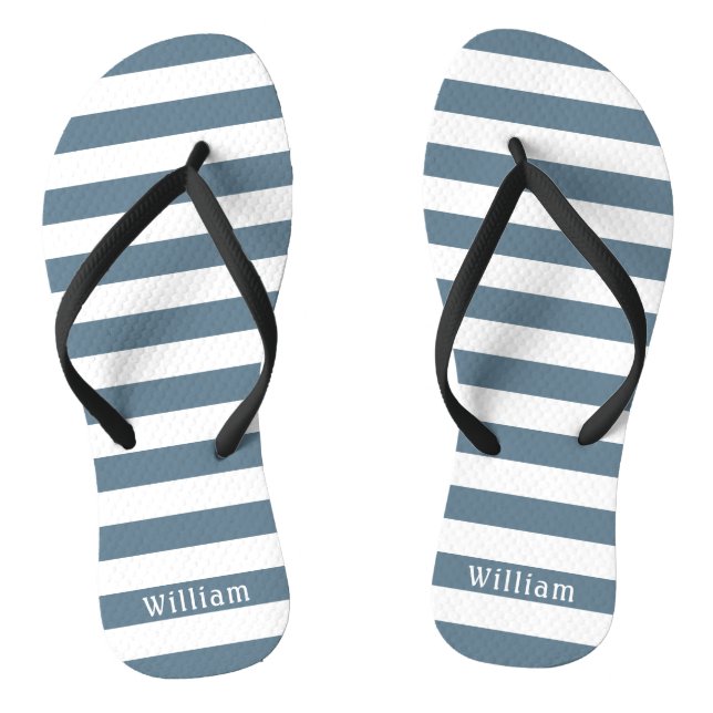 Blue Grey White Cabana Stripes Personalized Beach Flip Flops (Footbed)