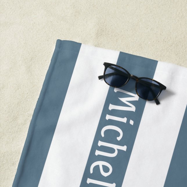 Blue Grey White | Cabana Stripes Personalized  Beach Towel (In Situ)