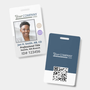 Blue-Grey White Employee Photo ID, Logo & QR Code Badge