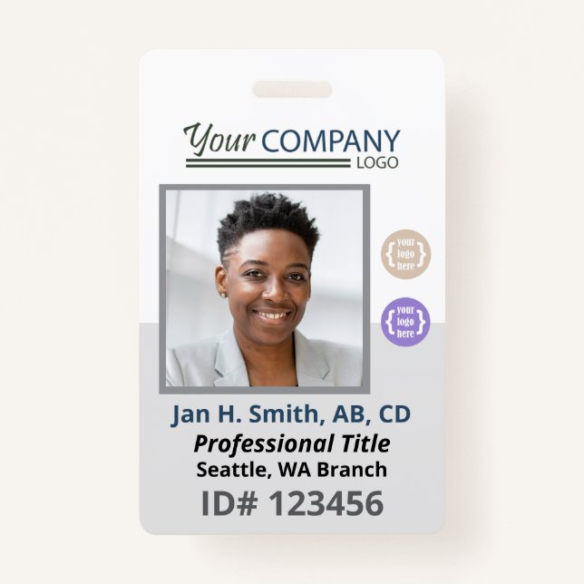 Blue-Grey White Employee Photo ID, Logo & QR Code Badge (Front)