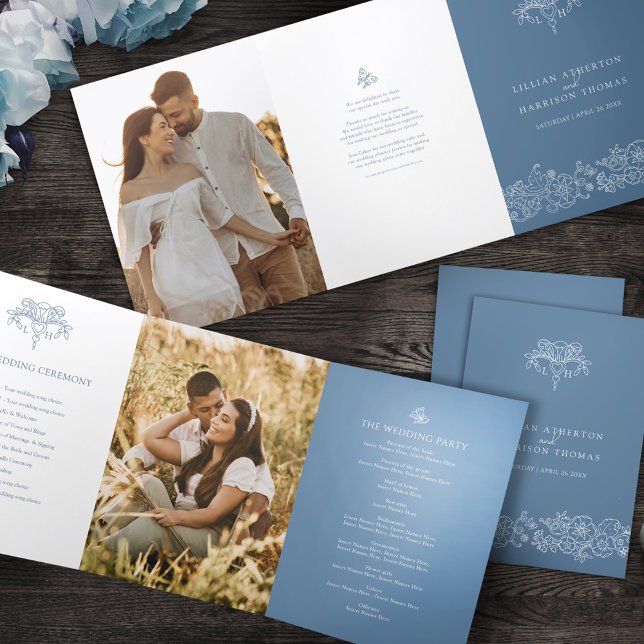 Blue grey white fleur de lis art wedding program Tri-Fold programme (Creator Uploaded)
